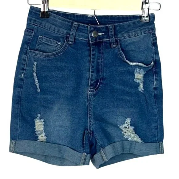 Distressed High Waisted Roll Cuffed Stretch Denim Blue Jean Shorts Women's Small - Picture 1 of 8